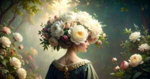 Adobe Firefly 4: Eine Frau mit großen Blumen im Haar im Stile eines Renaissance-Gemäldes