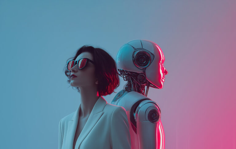 Frau im weißen Anzug mit Sonnenbrille und humanoider Roboter Rücken an Rücken — Symbolbild für die Partnership zwischen Mensch und AI in modernen Marketing-Operations