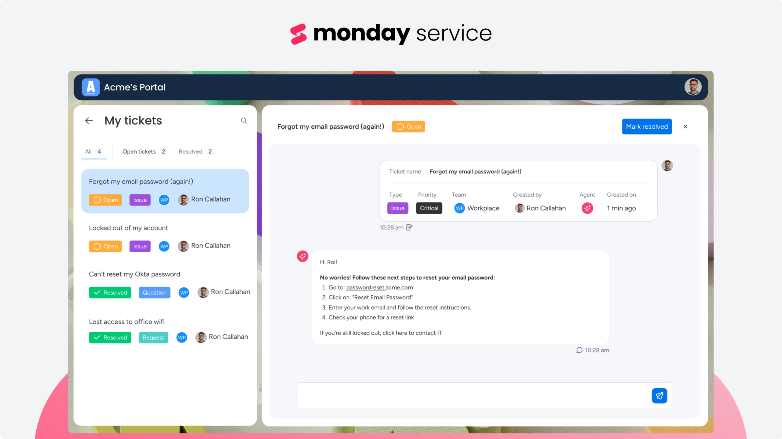 monday service Portal-Ansicht