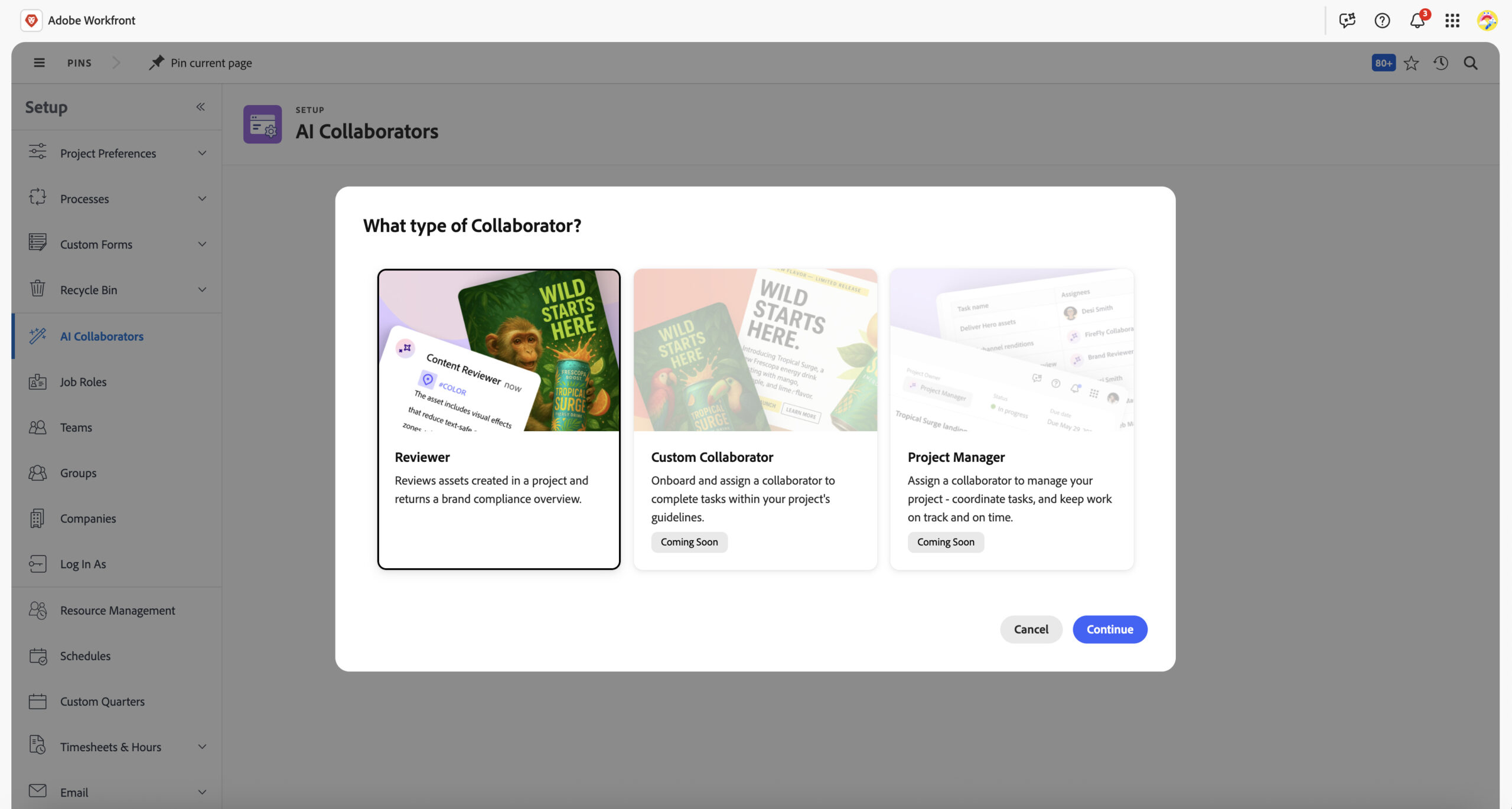 Adobe Workfront AI Collaborators-Setup-Dialog mit drei Collaborator-Typen: Reviewer (GA), Custom Collaborator und Project Manager (Coming Soon)
