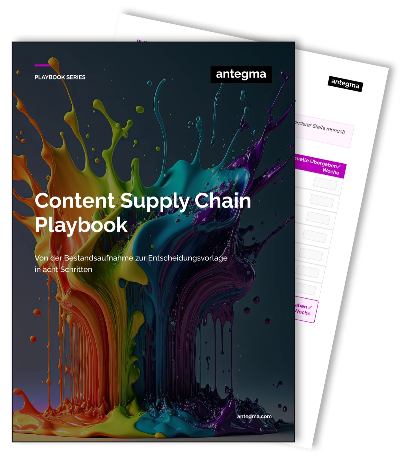 Titelseite des antegma Content Supply Chain Playbooks, dahinter der Arbeitsbogen zu den manuellen Übergaben je Woche